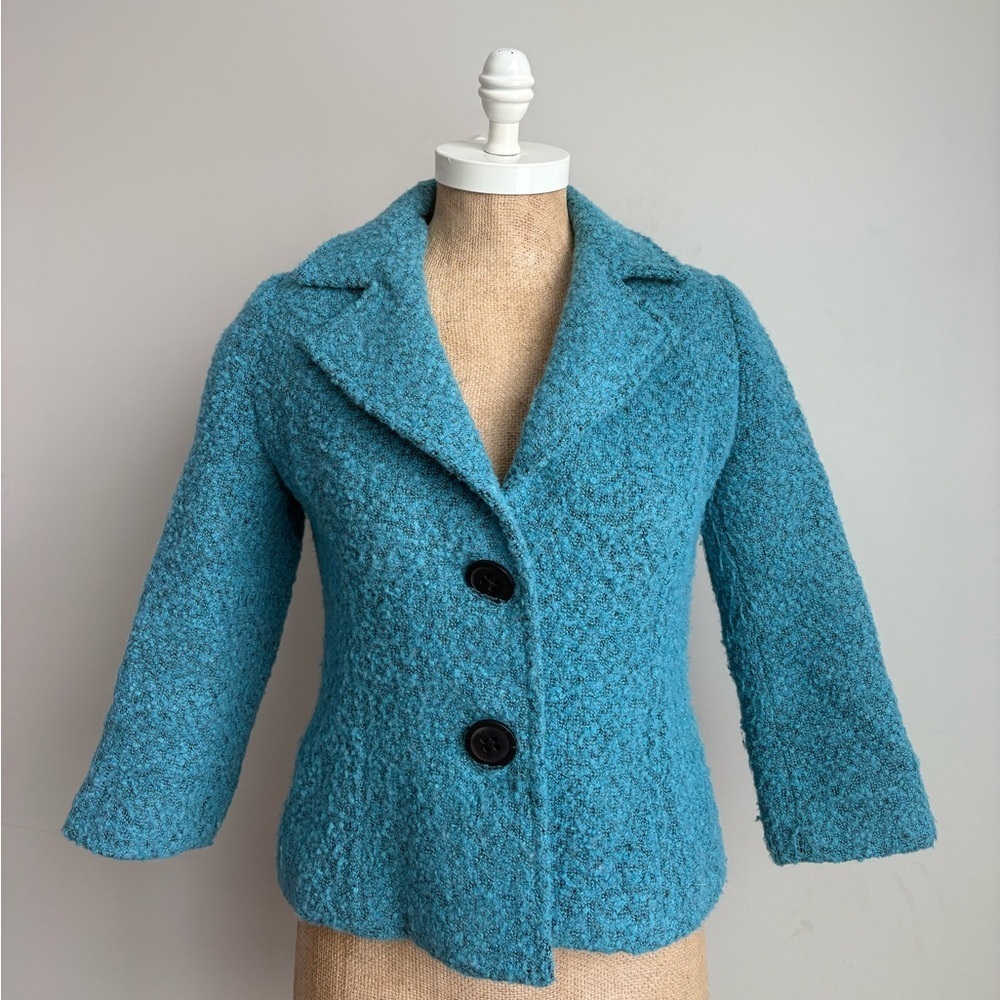 CAbi #186 Teal Boucle Cropped Blazer Jacket Textured 3/4 Sleeve Size 0 - Picture 9 of 9